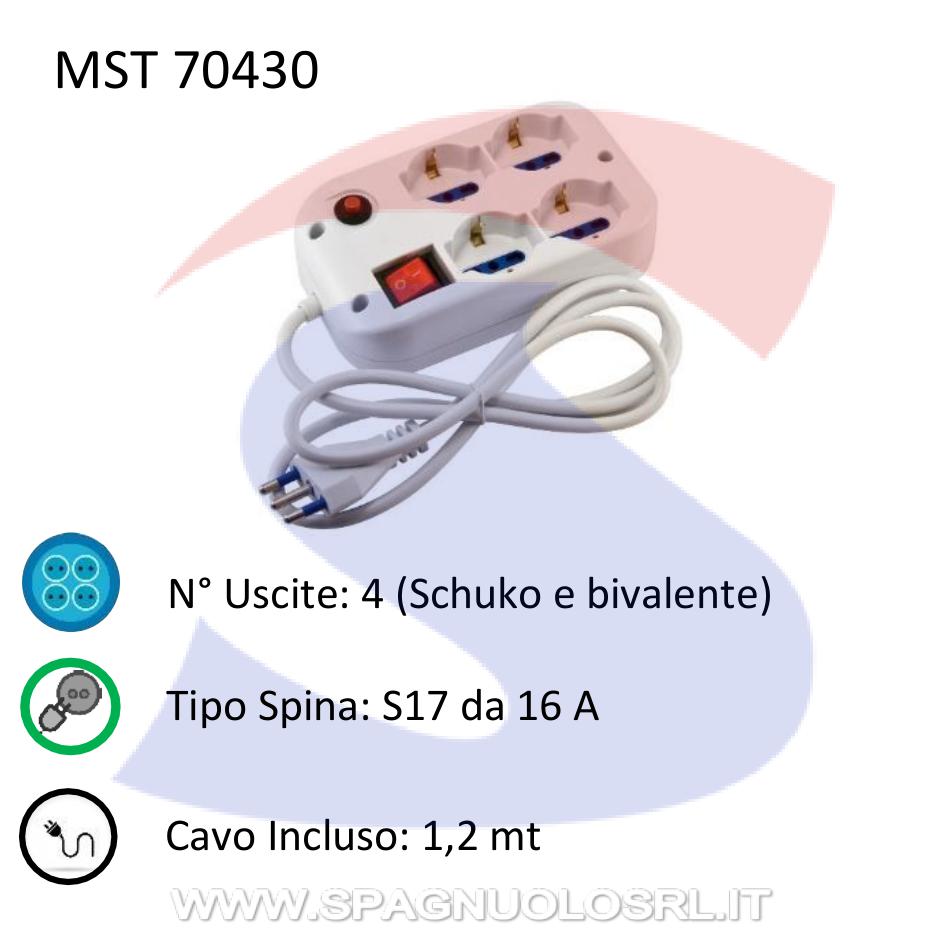Multipresa quadrata 4 uscite Schuko e bivalenti, cavo 1,2 mt - MASTER 70430
