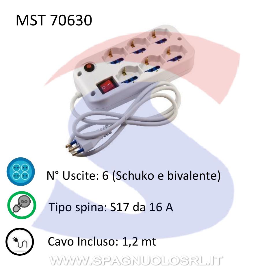 Multipresa quadrata 6 uscite Schuko e bivalenti, cavo 1,2 mt - MASTER 70630