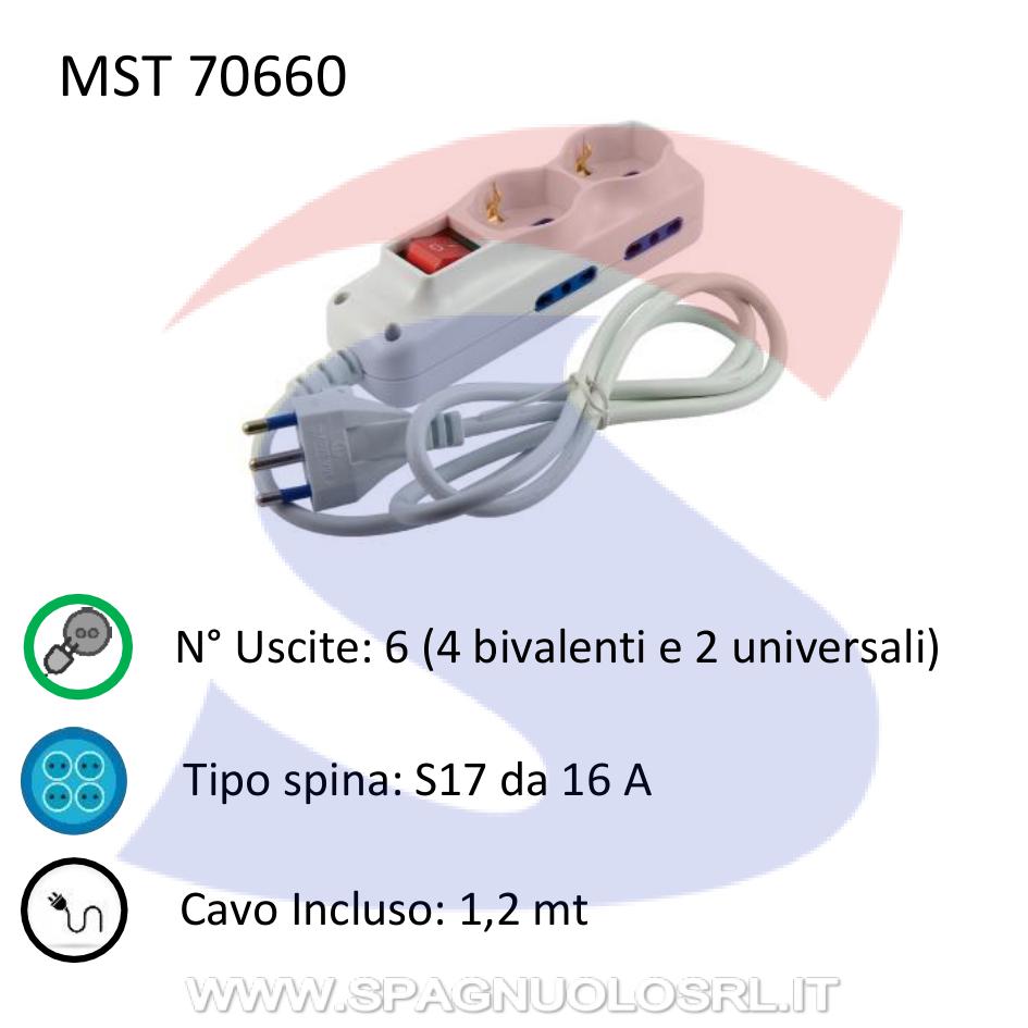 Multipresa rettangolare 6 uscite: 4 bivalenti e 2 universali - MASTER 70660