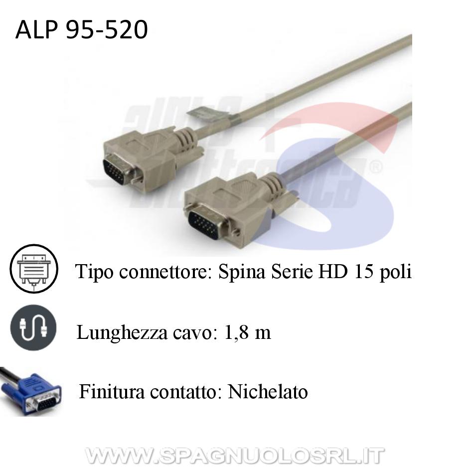Cavo VGA con connettore HD 15 poli e lunghezza cavo 1,8 m - ALPHA ELETTRONICA 95-520