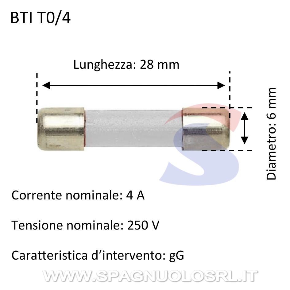 Fusibile tipo miniatura in vetro 6 x 28 mm 4 A 250 V - BTICINO T0/4