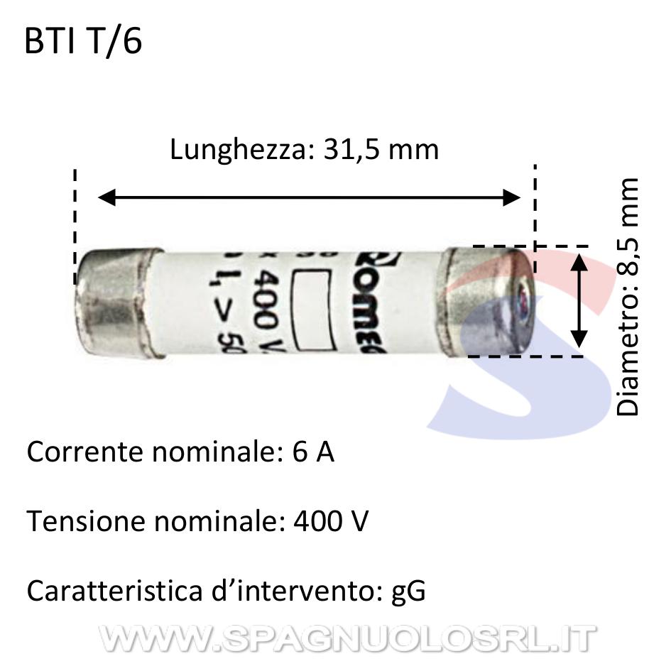 Fusibile tipo T in steatite 8,5 x 31,5 mm 6 A 400 V - BTICINO T/6