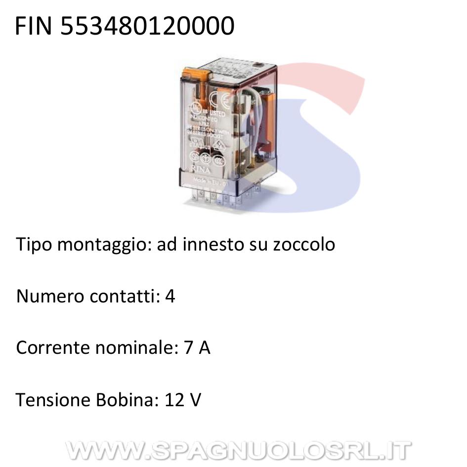 Relè serie 55 ad innesto su zoccolo 4 contatti, 7 A - FINDER 553480120000