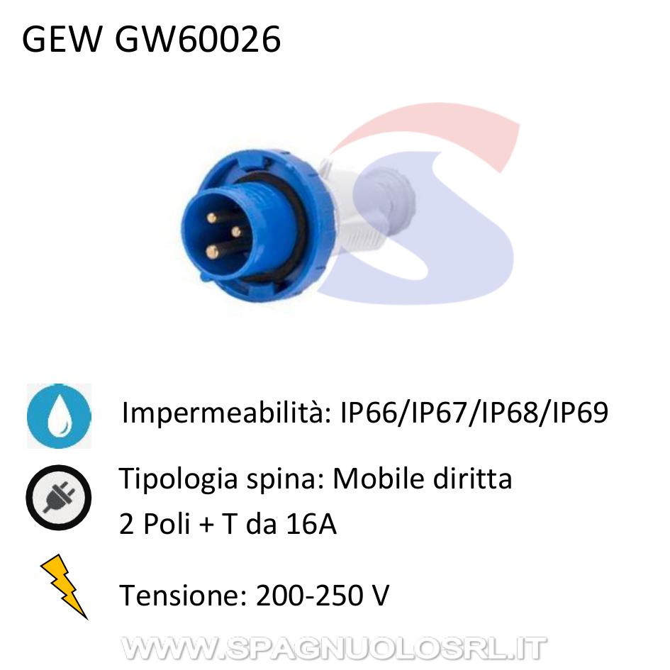 Spina industriale mobile diritta 2P+T 16A 200-250 V, Blu - GEWISS GW60026H