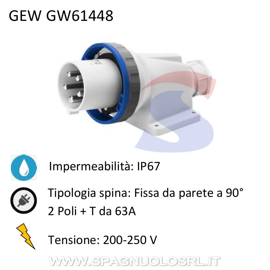Spina industriale fissa da parete 90° 2P+T 63A 200-250V, Blu - GEWISS GW61448