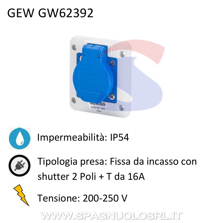 Presa fissa da incasso con shutter 2P+T 16A 200-250 V, Blu - GEWISS GW62392