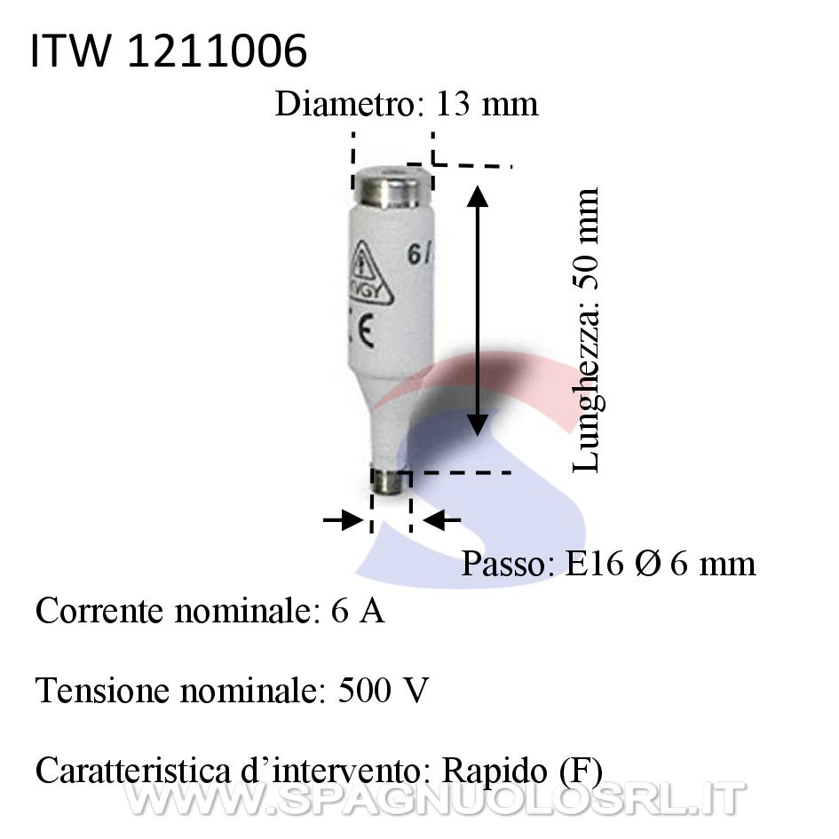 Fusibile Diazed in steatite 13x50 mm 6 A 500 V, Passo E16 - ITALWEBER 1211006