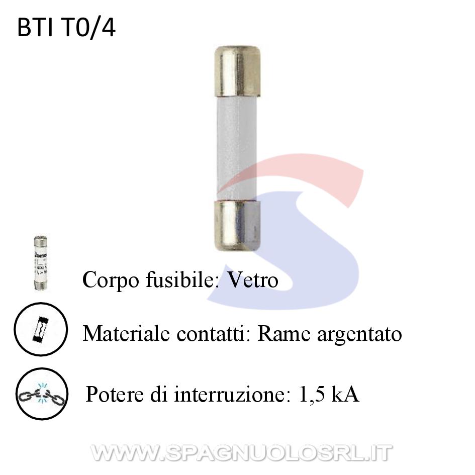 Fusibile tipo miniatura in vetro 6 x 28 mm 4 A 250 V - BTICINO T0/4