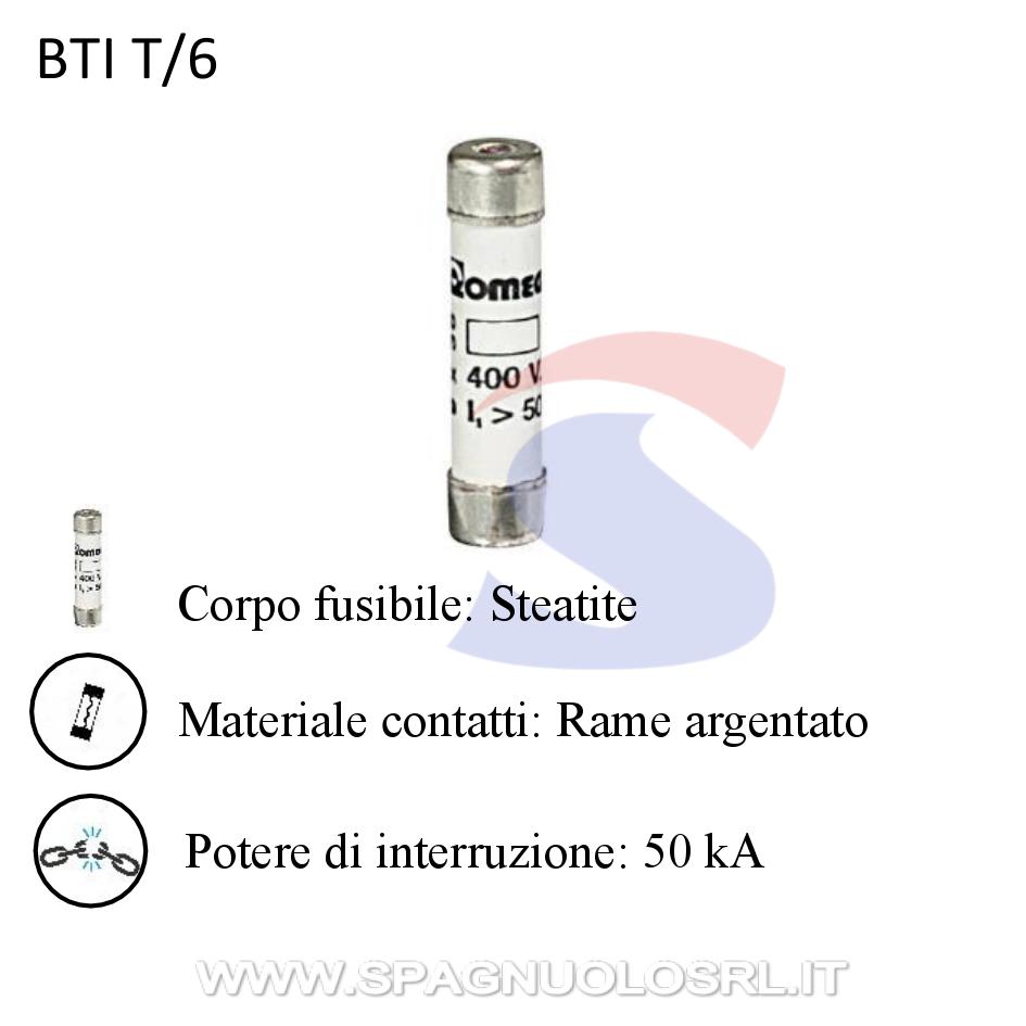 Fusibile tipo T in steatite 8,5 x 31,5 mm 6 A 400 V - BTICINO T/6