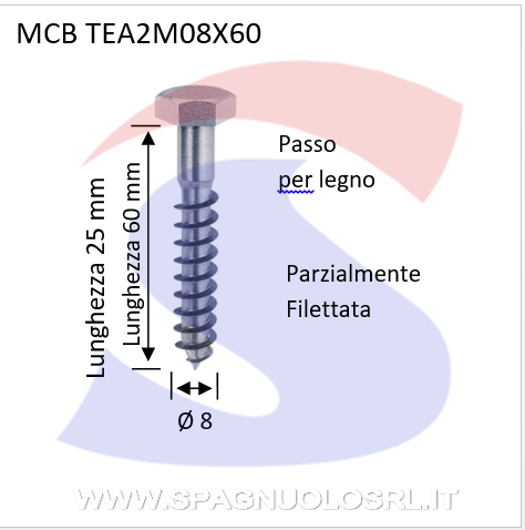 VITE PER LEGNO M 08X60 TESTAESAGONALE INOX A 2 - VITI TEA2M08X60