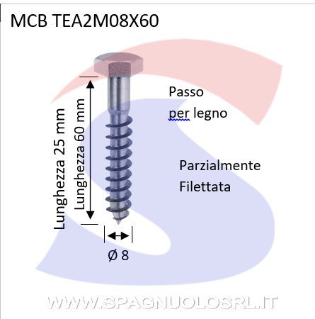 VITE PER LEGNO M 08X60 A TESTAESAGONALE INOX A 4 - VITI TEA4M08X60