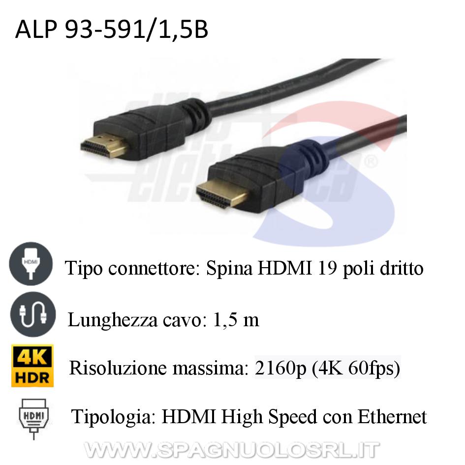 Cavo HDMI con connettore 19 poli dritto e cavo lungo 1,5 m - ALPHA ELETTRONICA 93-591/1,5B