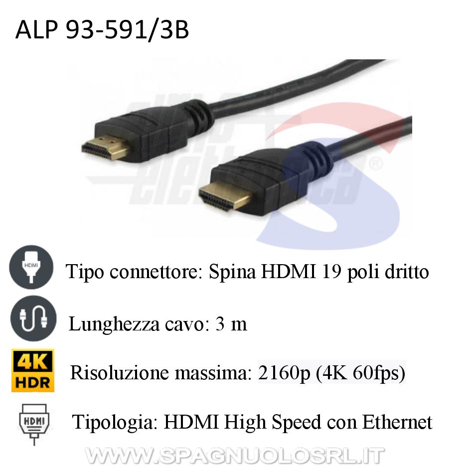 Cavo HDMI con connettore 19 poli dritto e cavo lungo 3 m - ALPHA ELETTRONICA 93-591/3B