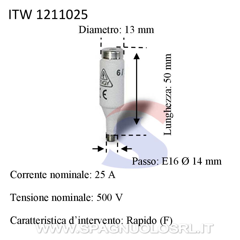 Fusibile Diazed in steatite 13x50 mm 25 A 500 V, Passo E16 - ITALWEBER 1211025