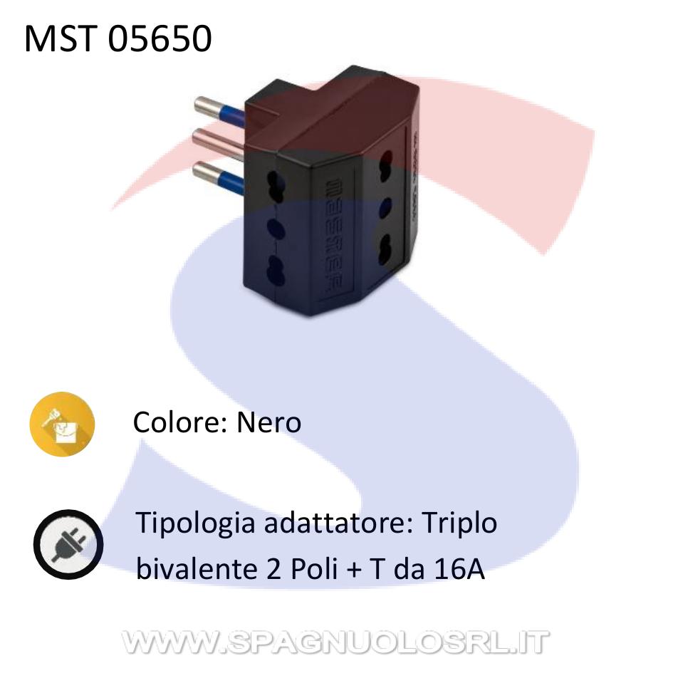 Adattatore Triplo Bivalente Master 2 Poli + T 10 A, Nero - MASTER 05650/NO ITALIA